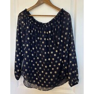 Joseph Ribkoff  Shirt Size 6 Gold Polkadot Blouse Flowy Overlay Off Shoulder